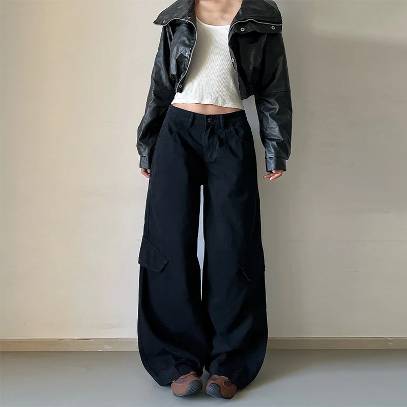 Damen Bodentiefe Utility-Palazzo-Hose aus schwerem Twill mit seitlichen Pattentaschen Drune
