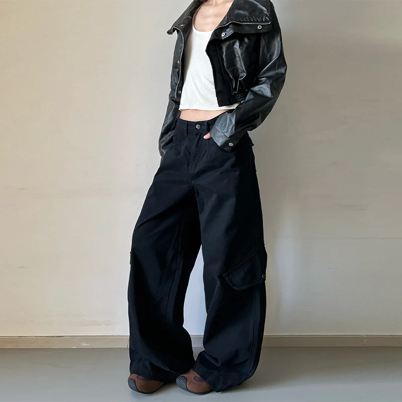 Damen Bodentiefe Utility-Palazzo-Hose aus schwerem Twill mit seitlichen Pattentaschen Drune
