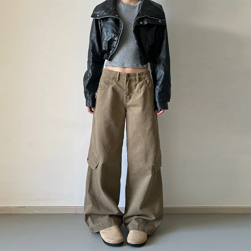 Damen Bodentiefe Utility-Palazzo-Hose aus schwerem Twill mit seitlichen Pattentaschen Drune