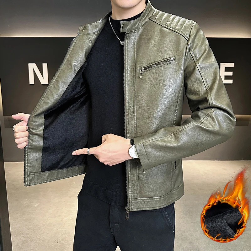 Herren Modische Kunstlederjacke mit praktischem Stehkragen Drune