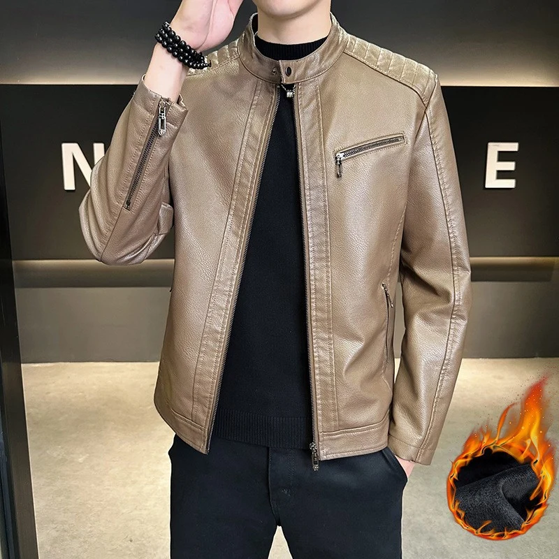 Herren Modische Kunstlederjacke mit praktischem Stehkragen Drune