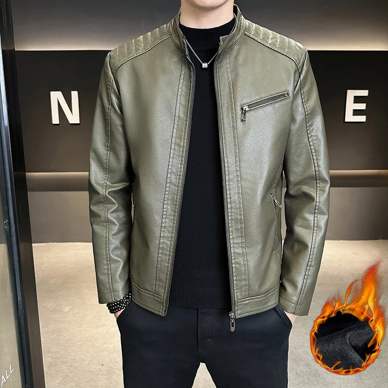 Herren Modische Kunstlederjacke mit praktischem Stehkragen Drune