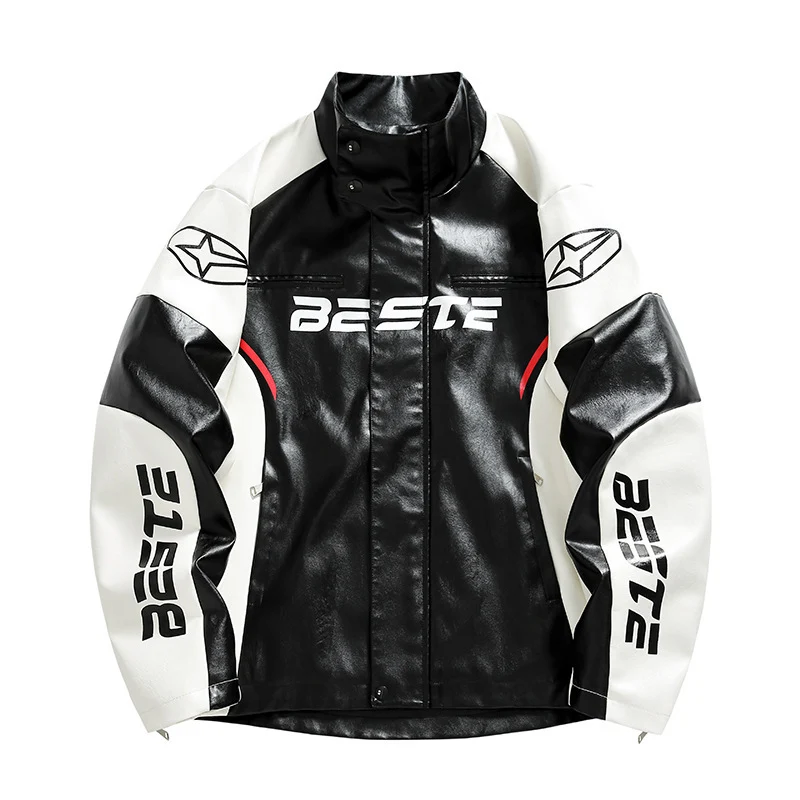 Herren Modische Kunstlederjacke mit Kontrastärmel Drune
