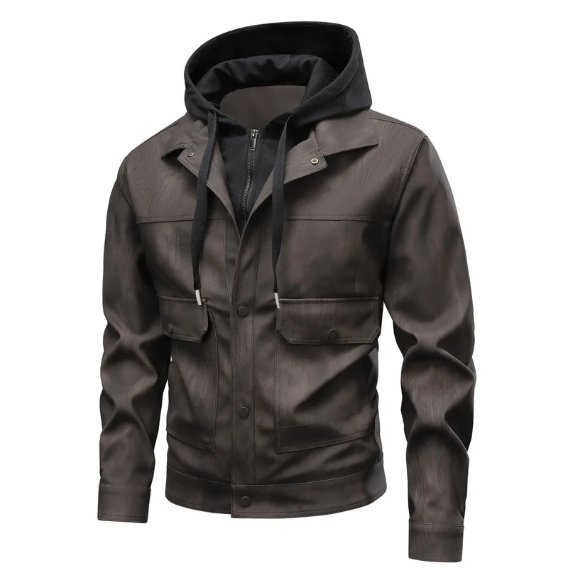 Herren Modische Kunstlederjacke mit Hoodie Drune