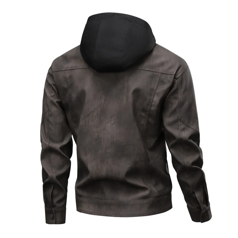 Herren Modische Kunstlederjacke mit Hoodie Drune