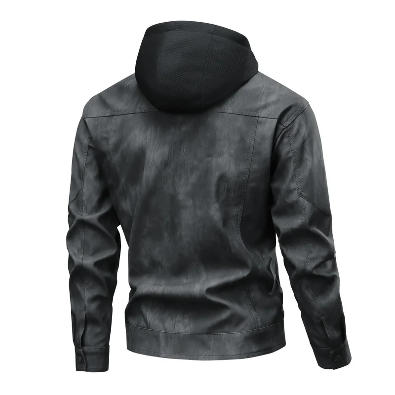Herren Modische Kunstlederjacke mit Hoodie Drune