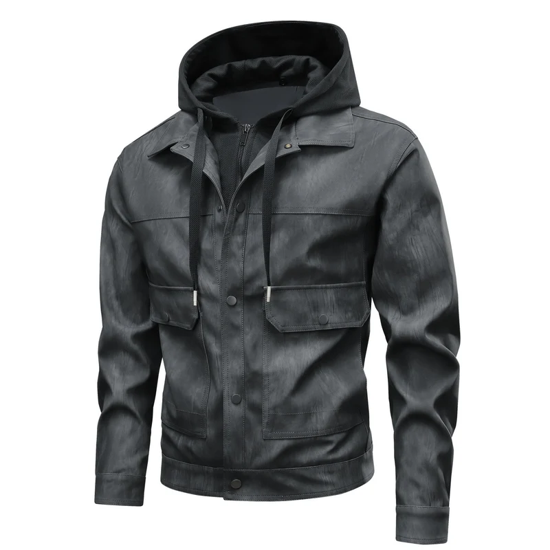 Herren Modische Kunstlederjacke mit Hoodie Drune