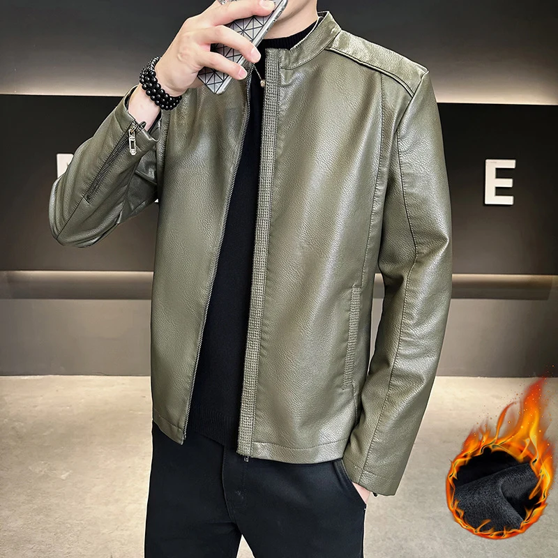 Herren Modische Kunstlederjacke mit hohem Kragen Drune
