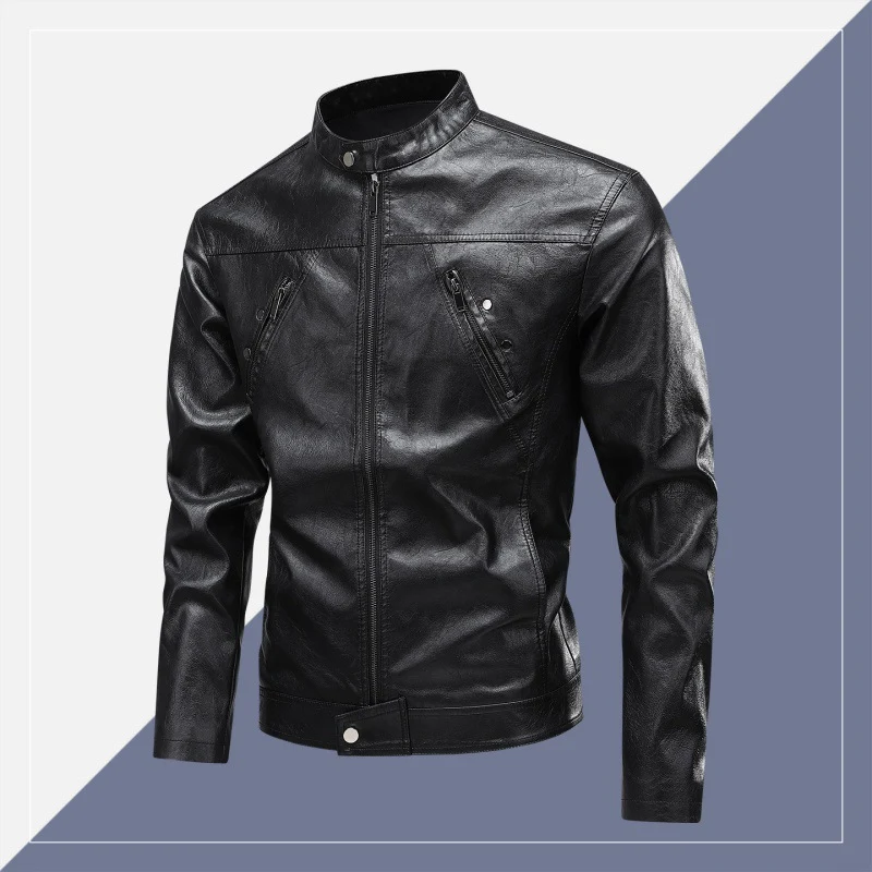 Herren Modische Kunstlederjacke mit hoch geschlossenem Kragen Drune