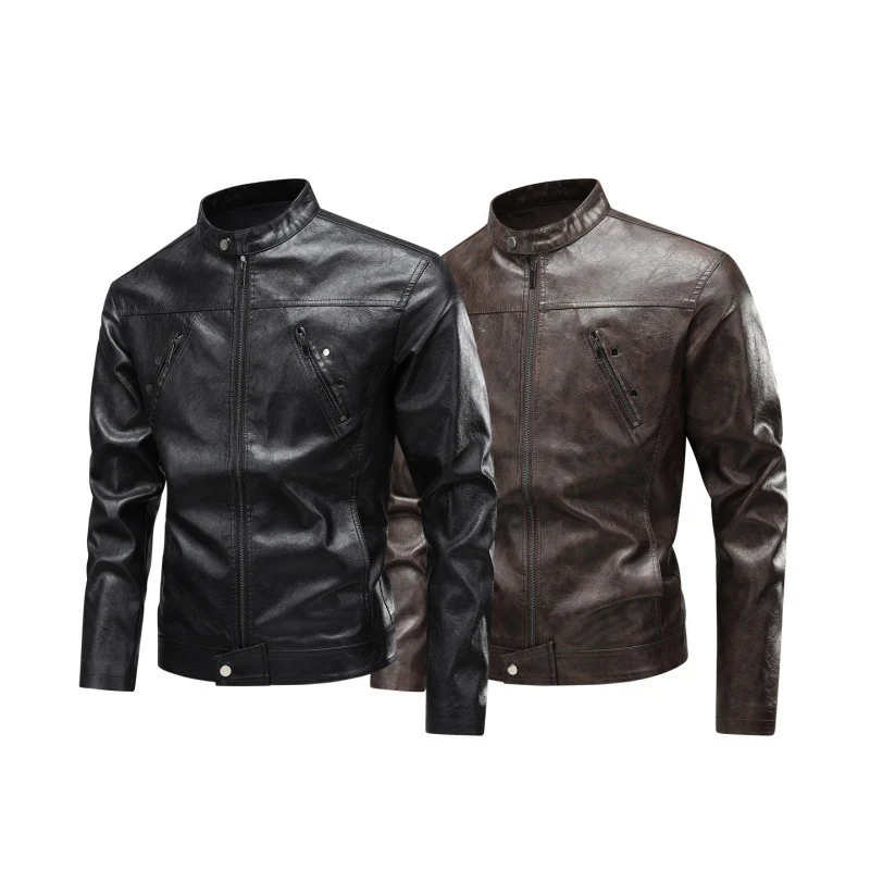 Herren Modische Kunstlederjacke mit hoch geschlossenem Kragen Drune