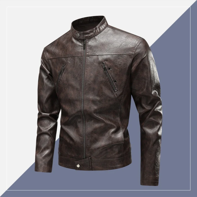 Herren Modische Kunstlederjacke mit hoch geschlossenem Kragen Drune
