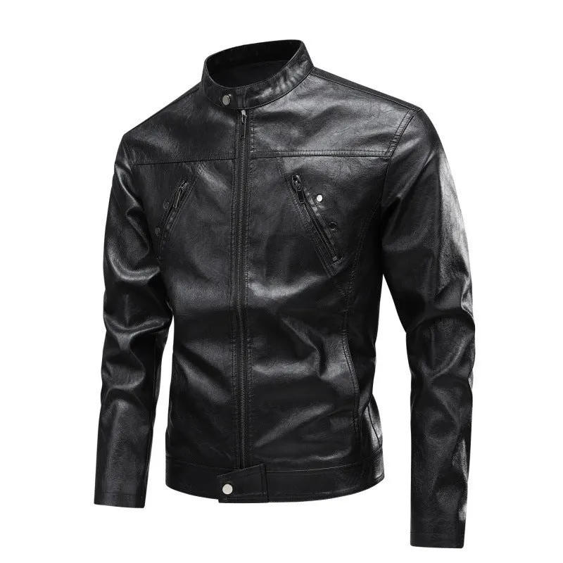 Herren Modische Kunstlederjacke mit hoch geschlossenem Kragen Drune