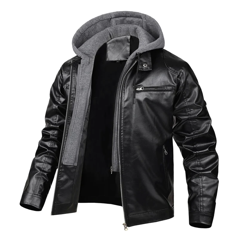 Herren modische Kunstlederjacke mit abnehmbarer Kapuze Drune