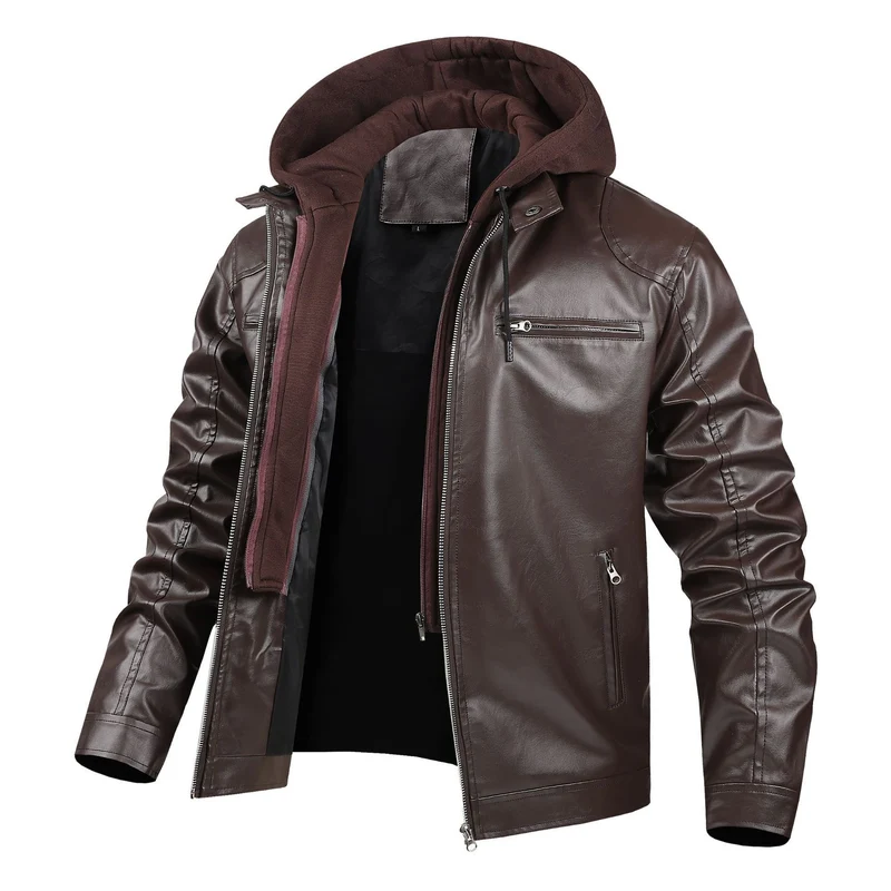 Herren modische Kunstlederjacke mit abnehmbarer Kapuze Drune