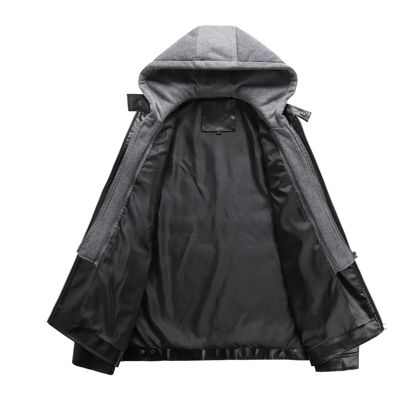 Herren modische Kunstlederjacke mit abnehmbarer Kapuze Drune