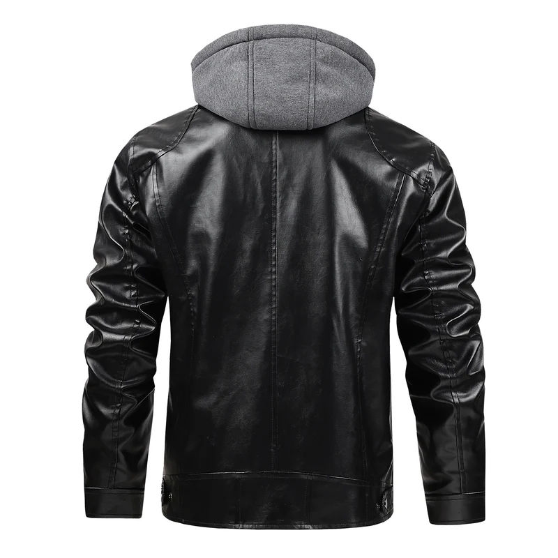 Herren modische Kunstlederjacke mit abnehmbarer Kapuze Drune