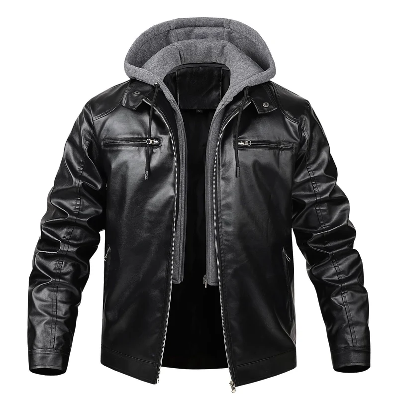 Herren modische Kunstlederjacke mit abnehmbarer Kapuze Drune