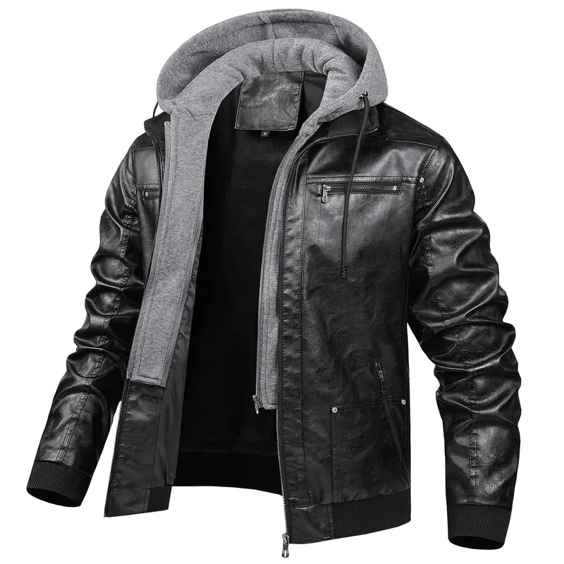 Herren Modische Kunstlederjacke mit abnehmbarer Kapuze Drune