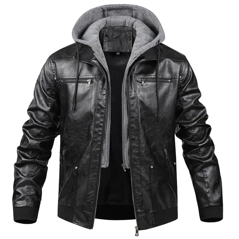Herren Modische Kunstlederjacke mit abnehmbarer Kapuze Drune
