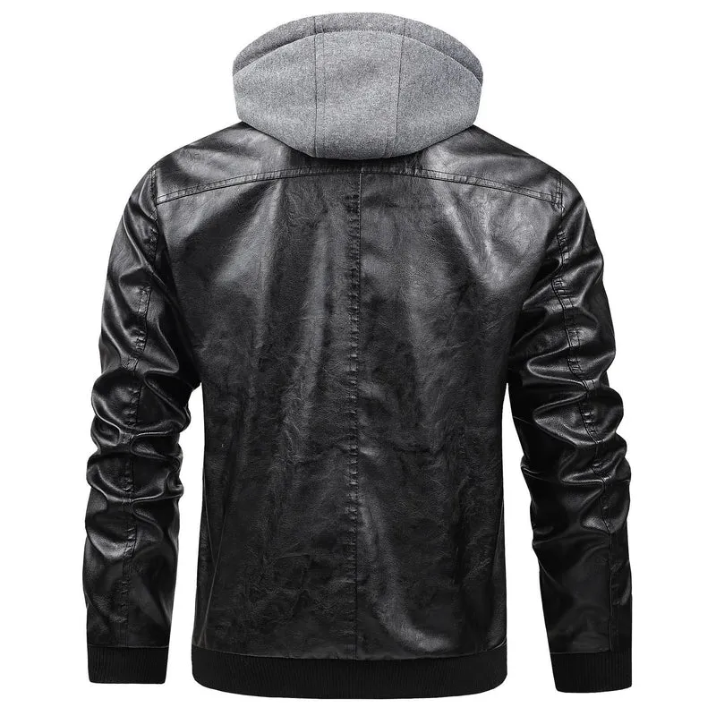 Herren Modische Kunstlederjacke mit abnehmbarer Kapuze Drune