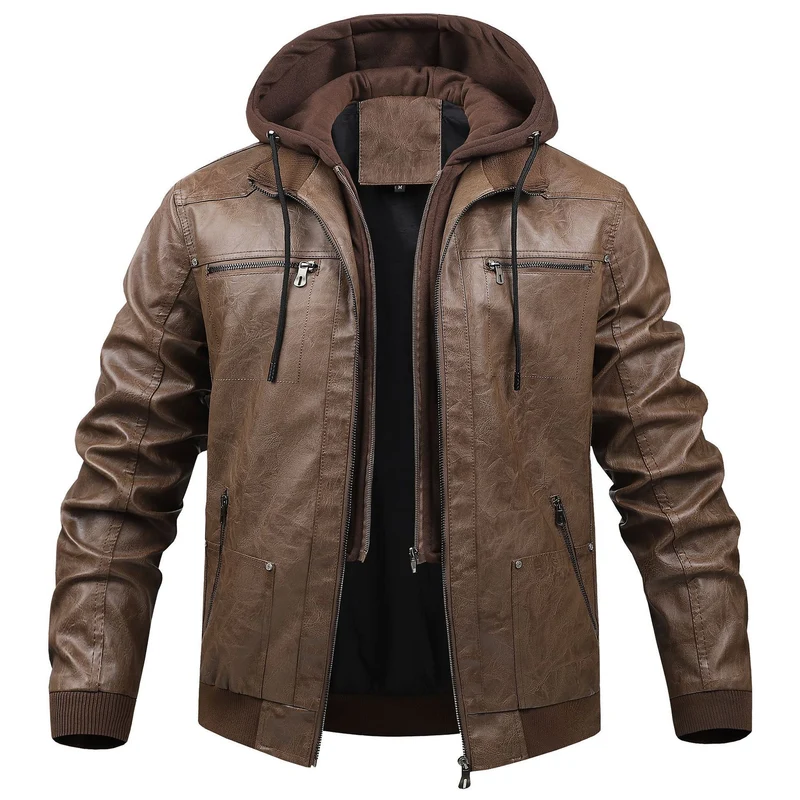 Herren Modische Kunstlederjacke mit abnehmbarer Kapuze Drune