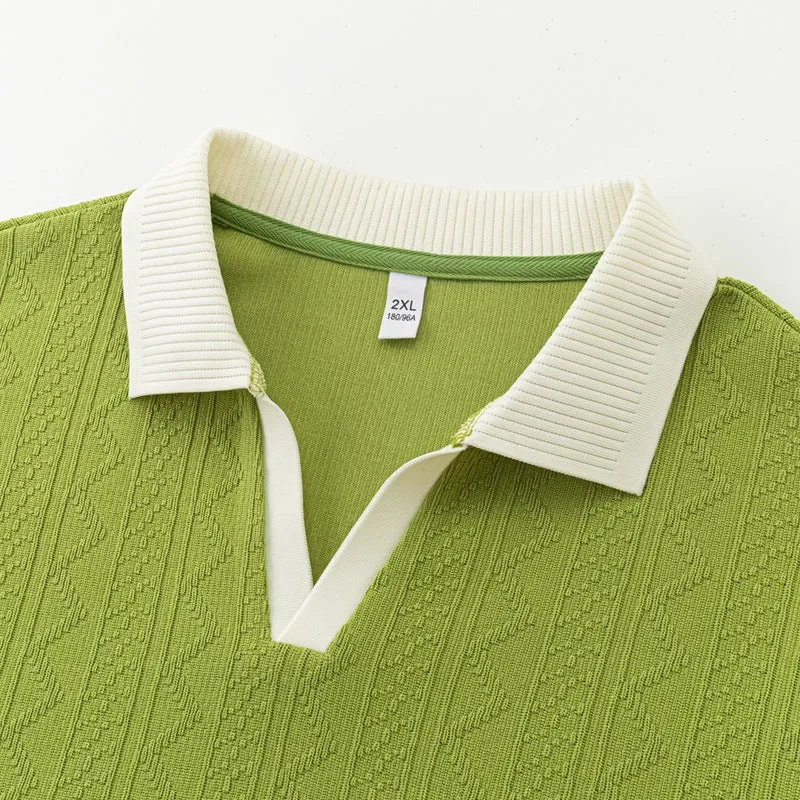 Herren Oversize Strick-Polo mit Strukturstrick, offenem V‑Ausschnitt und geripptem Kragen Drune