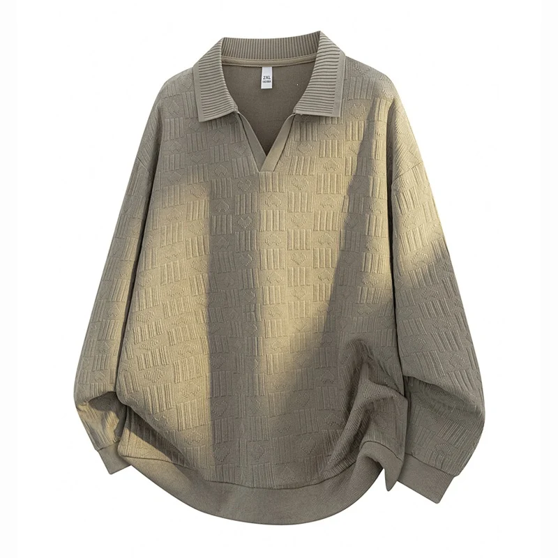Herren Oversize Strick-Polo mit Strukturstrick, offenem V‑Ausschnitt und geripptem Kragen Drune