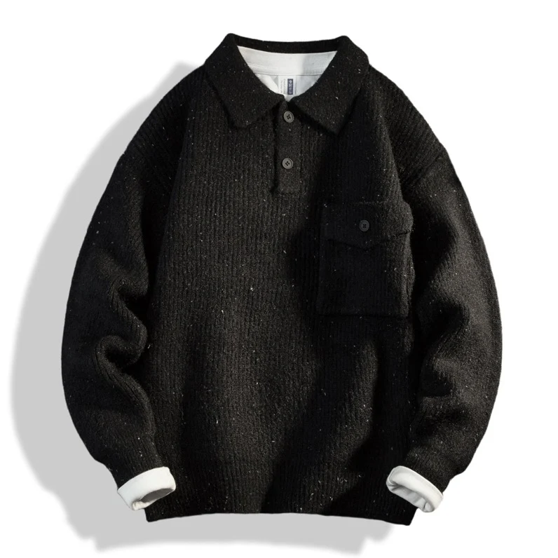 Herren Oversize-Strick-Polo mit Brusttasche & gerippter Struktur Drune