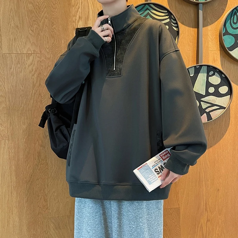 Herren Oversize Stehkragen-Halbzip-Sweatshirt mit Kängurutasche & Kontrast-Innenblende Drune