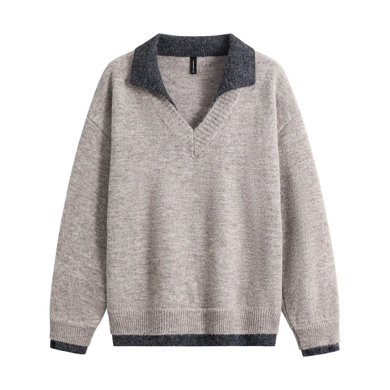 Herren Oversize-Pullover mit kontrastierendem Kragen, V‑Ausschnitt und weichem Fleeceinnenfutter Drune