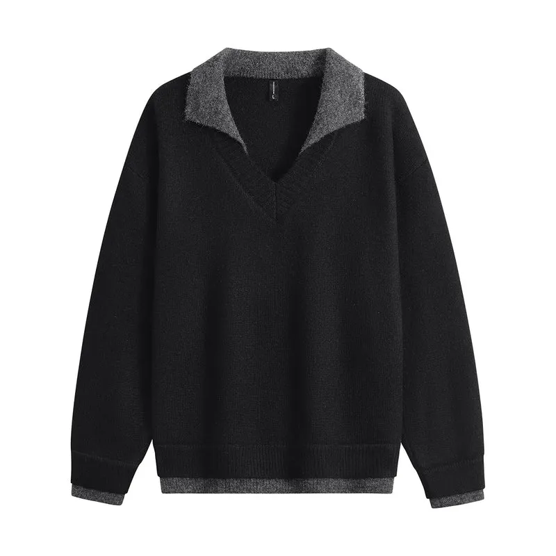 Herren Oversize-Pullover mit kontrastierendem Kragen, V‑Ausschnitt und weichem Fleeceinnenfutter Drune