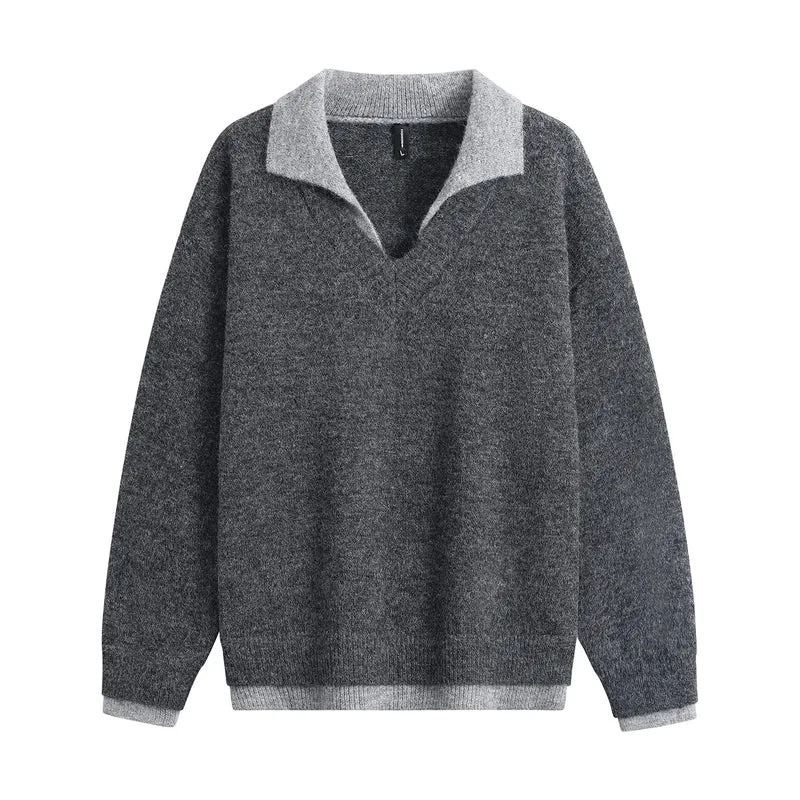 Herren Oversize-Pullover mit kontrastierendem Kragen, V‑Ausschnitt und weichem Fleeceinnenfutter Drune