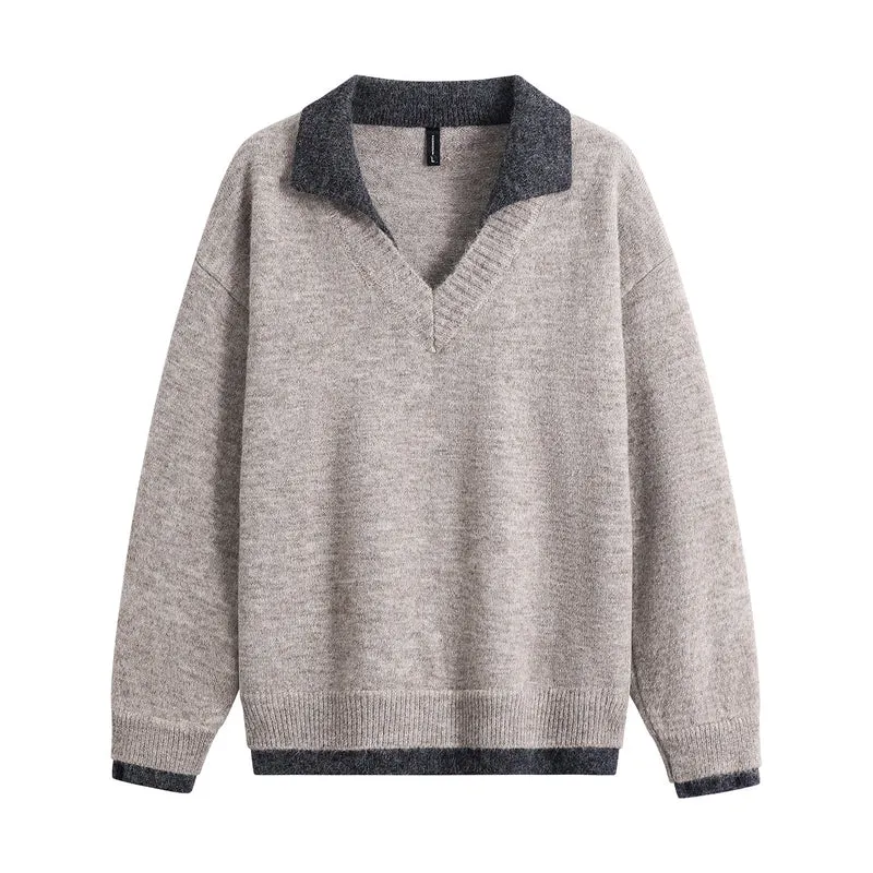 Herren Oversize-Pullover mit kontrastierendem Kragen, V‑Ausschnitt und weichem Fleeceinnenfutter Drune