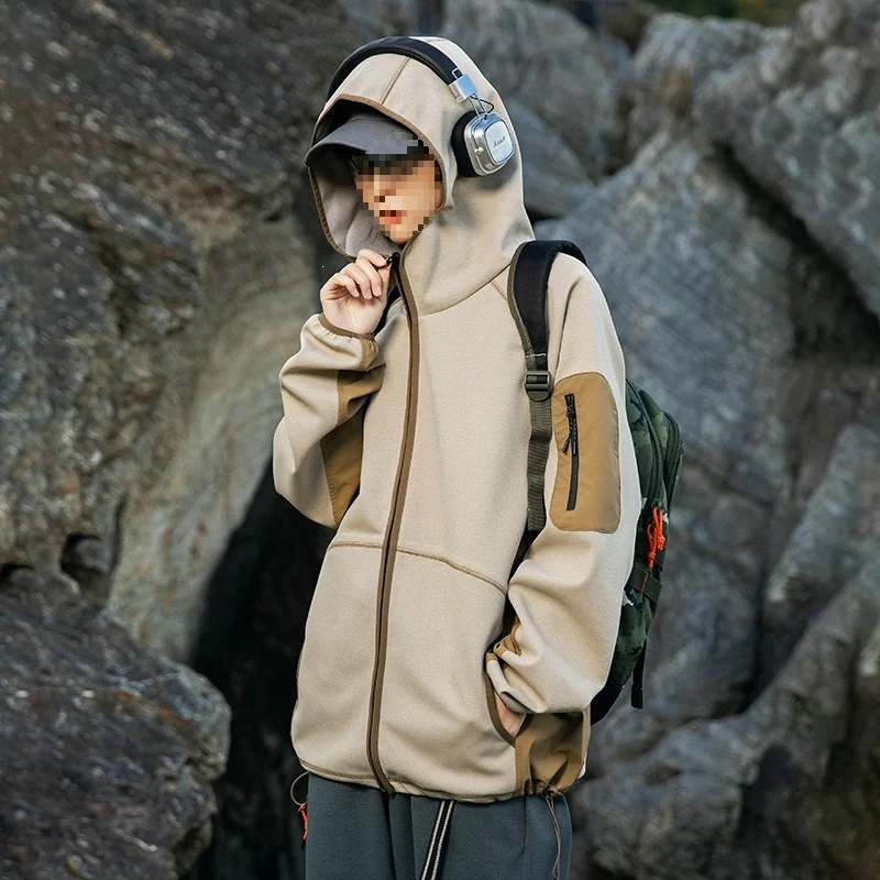 Herren Oversize Outdoor-Fleecejacke mit Kapuze, Ärmel-Reißverschlusstasche & Tunnelzug Drune