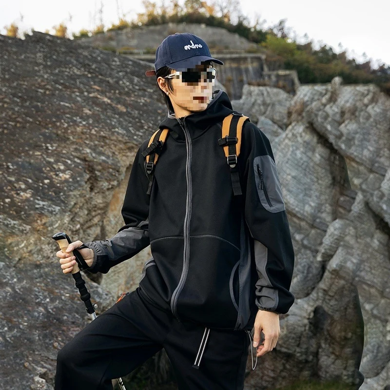 Herren Oversize Outdoor-Fleecejacke mit Kapuze, Ärmel-Reißverschlusstasche & Tunnelzug Drune