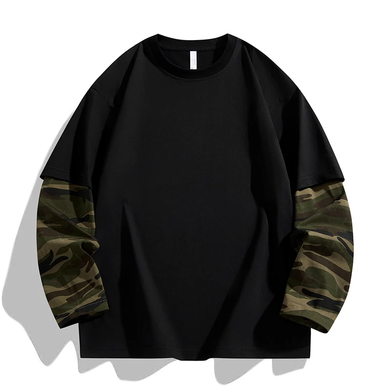 Herren Oversize-Layering‑T-Shirt mit Camouflage‑Ärmeln & Rundhals Drune