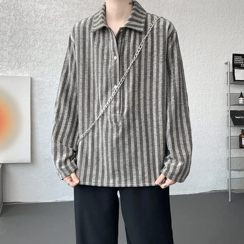 Herren Oversize Langarm-Hemd mit Polokragen, gestreifter Struktur & halber Knopfleiste Drune