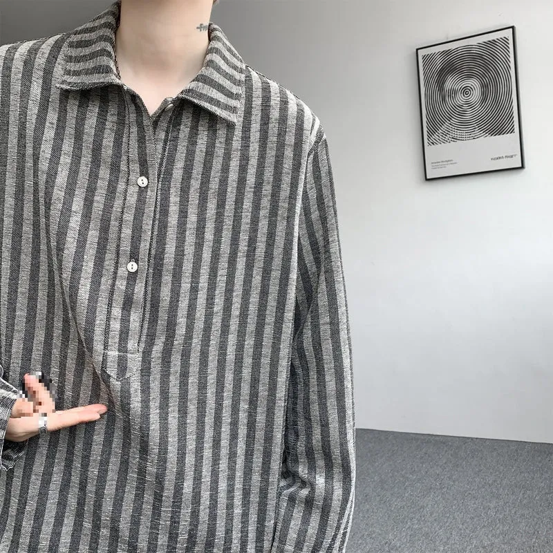 Herren Oversize Langarm-Hemd mit Polokragen, gestreifter Struktur & halber Knopfleiste Drune