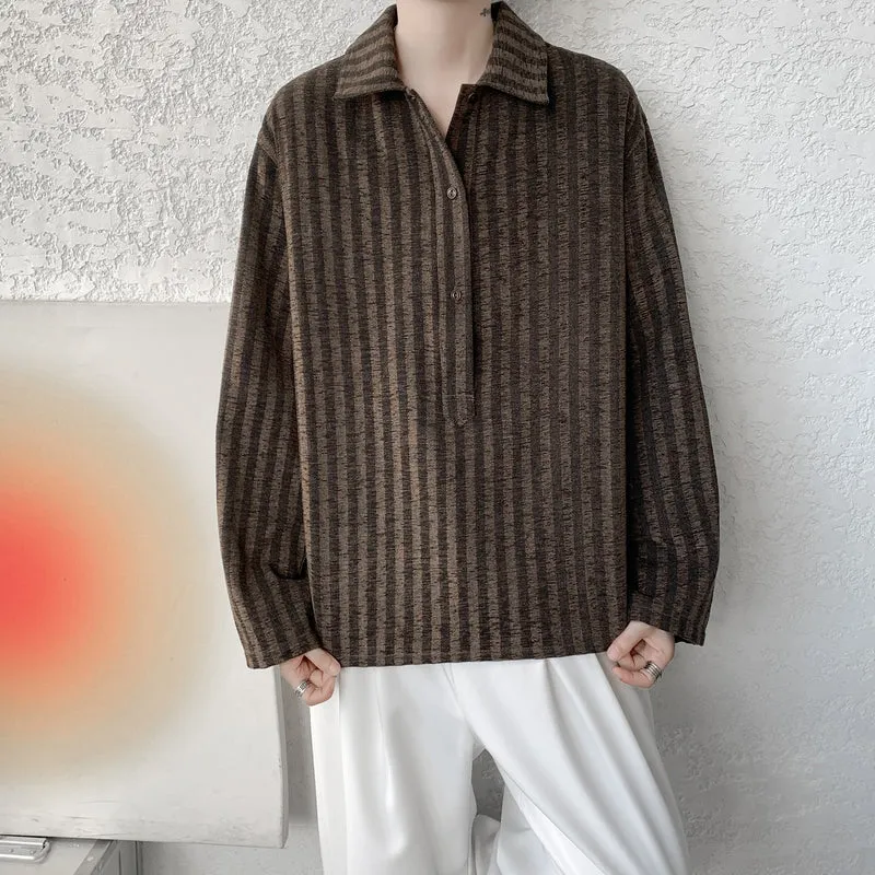 Herren Oversize Langarm-Hemd mit Polokragen, gestreifter Struktur & halber Knopfleiste Drune