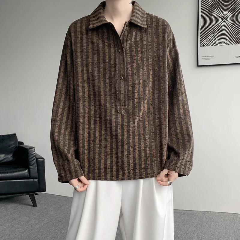 Herren Oversize Langarm-Hemd mit Polokragen, gestreifter Struktur & halber Knopfleiste Drune