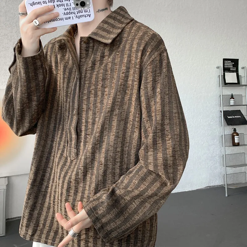 Herren Oversize Langarm-Hemd mit Polokragen, gestreifter Struktur & halber Knopfleiste Drune