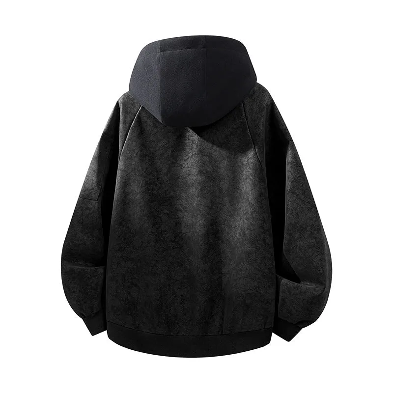Herren Oversize-Kunstvelours-Kapuzen-Bomberjacke mit Ärmeltasche und Thermofutter Drune