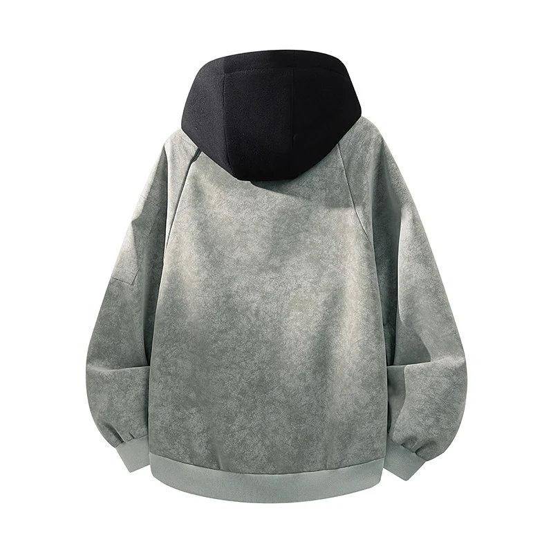Herren Oversize-Kunstvelours-Kapuzen-Bomberjacke mit Ärmeltasche und Thermofutter Drune