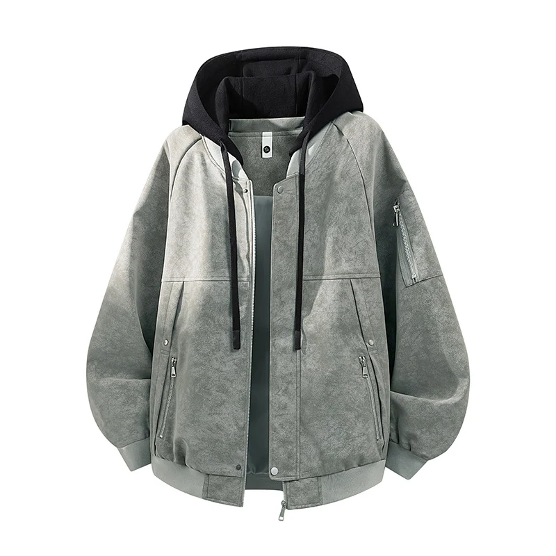 Herren Oversize-Kunstvelours-Kapuzen-Bomberjacke mit Ärmeltasche und Thermofutter Drune