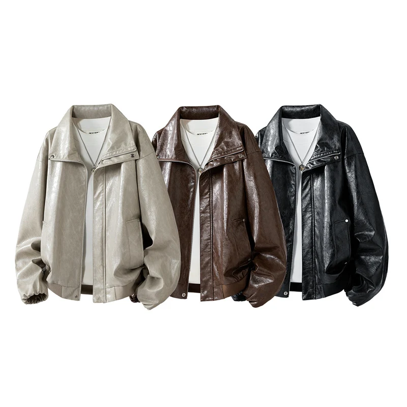 Herren Oversize Kunstleder‑Fliegerjacke mit breitem Umlegekragen, Zwei‑Wege‑Reißverschluss & gerippten Abschlüssen Drune