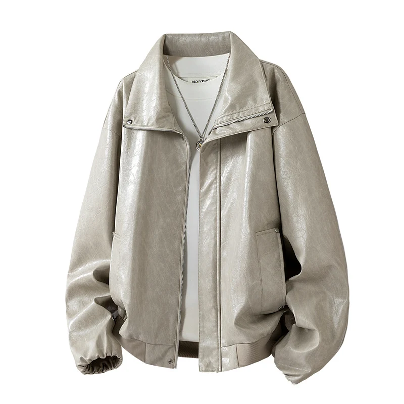 Herren Oversize Kunstleder‑Fliegerjacke mit breitem Umlegekragen, Zwei‑Wege‑Reißverschluss & gerippten Abschlüssen Drune