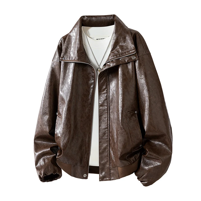 Herren Oversize Kunstleder‑Fliegerjacke mit breitem Umlegekragen, Zwei‑Wege‑Reißverschluss & gerippten Abschlüssen Drune