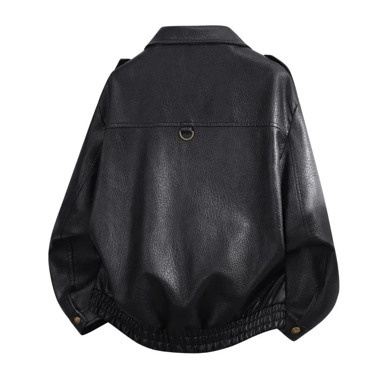 Herren Oversize Kunstleder-Bomberjacke mit Schulterklappen, elastischem Saum & Metallknöpfen Drune