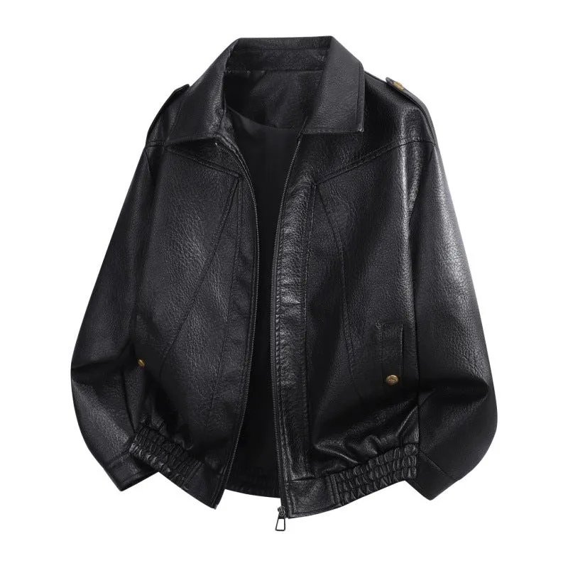 Herren Oversize Kunstleder-Bomberjacke mit Schulterklappen, elastischem Saum & Metallknöpfen Drune
