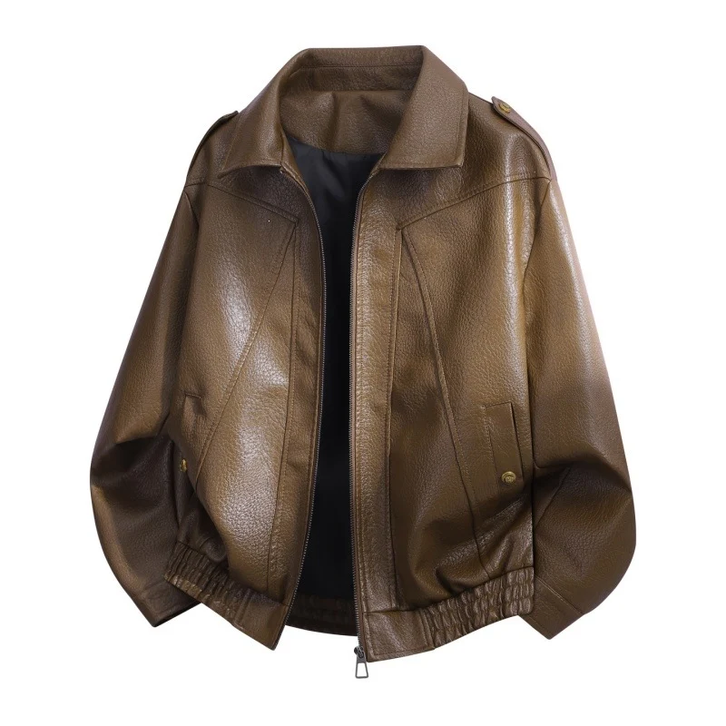 Herren Oversize Kunstleder-Bomberjacke mit Schulterklappen, elastischem Saum & Metallknöpfen Drune